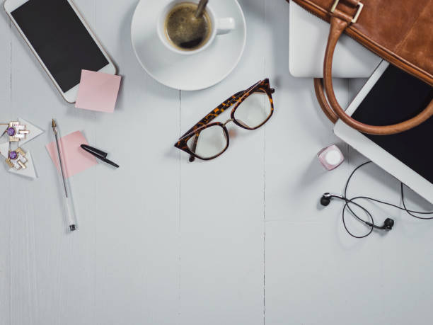 istock Overhead Business Angles still life of office desk 656987194