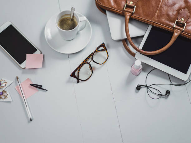 istock Overhead Business Angles still life of office desk 656987198