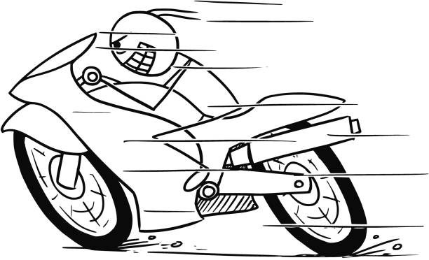 Cartoon of Crazy Man on Motorbike Cartoon vector doodle mad stickman man riding powerfull motorbike fast relieved face stock illustrations