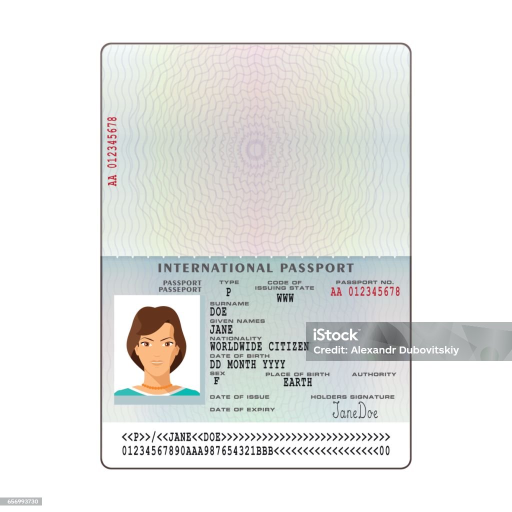 Plantilla de vector pasaporte internacional con página de datos de muestra - arte vectorial de Pasaporte libre de derechos