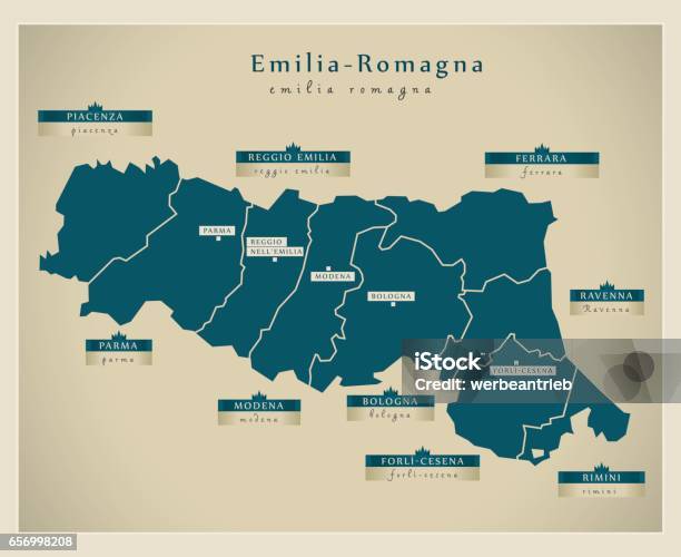 Mappa Moderna Emiliaromagna It - Immagini vettoriali stock e altre immagini di Emilia-Romagna - Emilia-Romagna, Carta geografica, Italia