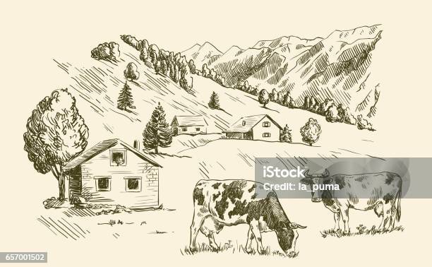 Village Houses And Farmland Stock Illustration - Download Image Now - Domestic Cattle, Cow, Farm