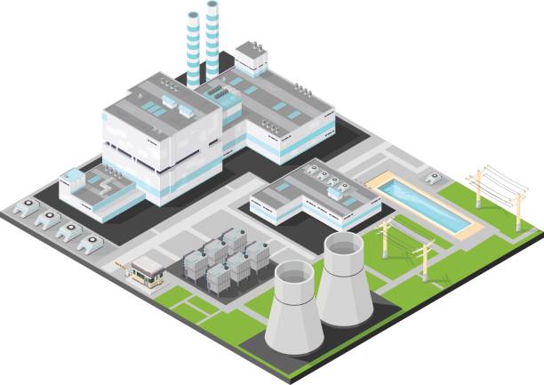 ilustraciones, imágenes clip art, dibujos animados e iconos de stock de central nuclear de vector isométrica - central eléctrica