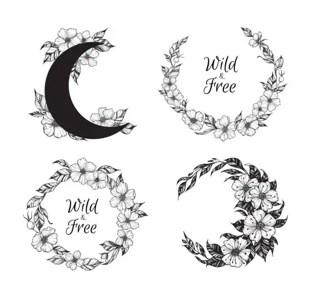 Vector illustration of Hand drawn vector illustration - wreaths and moon with flowers and leaves. Perfect for invitations, greeting cards, quotes, tattoo, textiles, blogs, posters etc. Floral frames