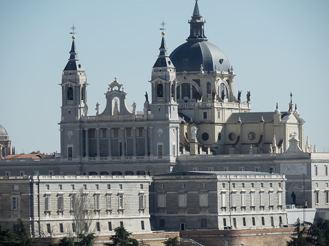 daytime view of the Madrid skyline featuring the Almudena cathedral (Spain).
