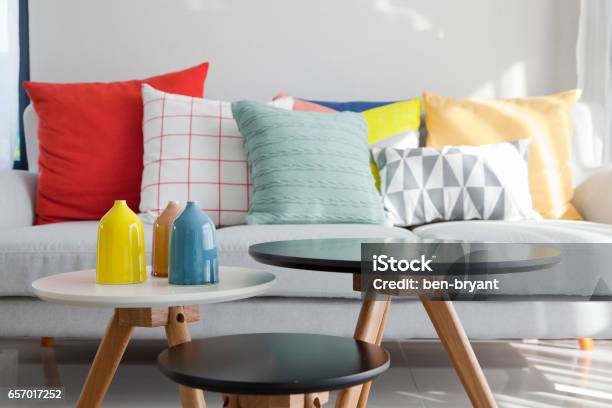 Colorful Cushion On Sofa Stock Photo - Download Image Now - Cushion, Pillow, Sofa