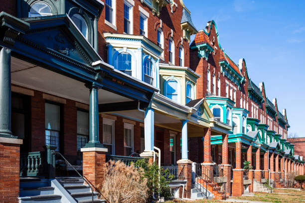 istock Colourful row houses - Charles Village, Baltimore. 657028754