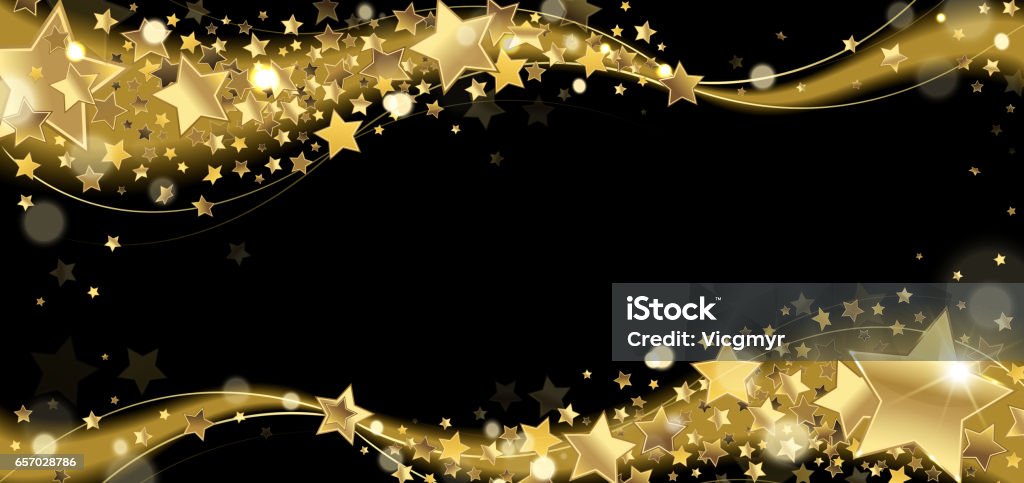 Banner with Golden Sparkling Stars banner with golden sparkling stars on a black background Star Shape stock vector