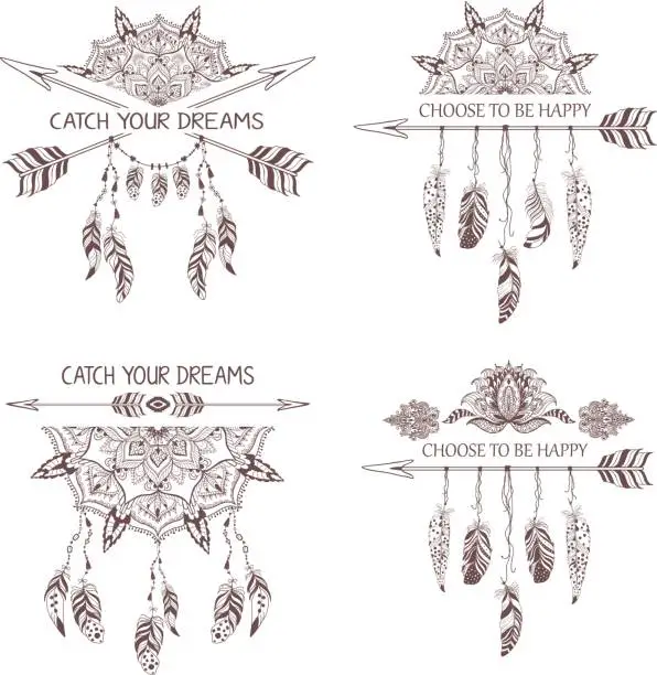 Vector illustration of Set of hand drawn boho style design with mandala, arrow and feathers.