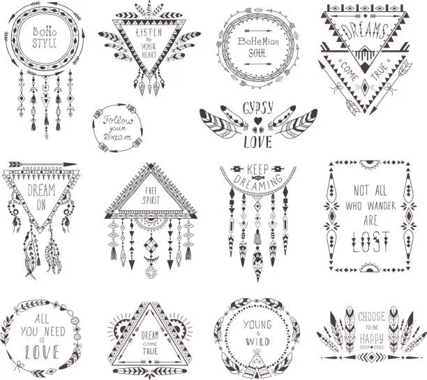 Vector illustration of Hand Drawn Boho Style Frames and Decorations.
