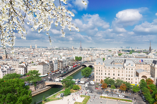 skyline of Paris city at sunny spring day, France