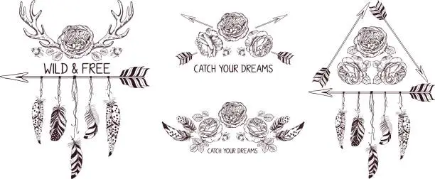 Vector illustration of Set of hand drawn boho style design with rose flower, arrow and feathers.