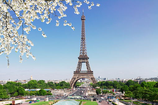 Eiffel Tower and Paris skyline in spring sunny day, France