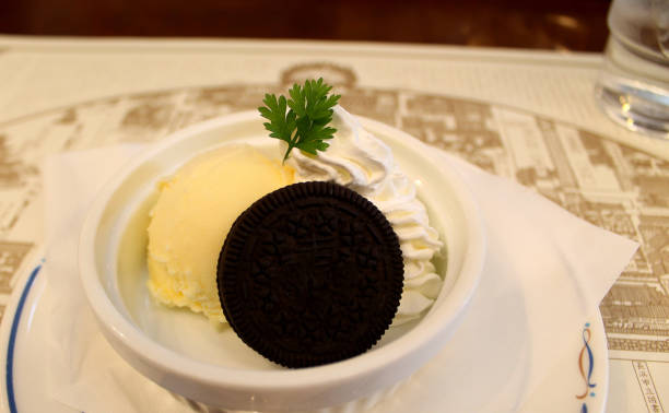 Vanilla ice cream with biscuit stock photo