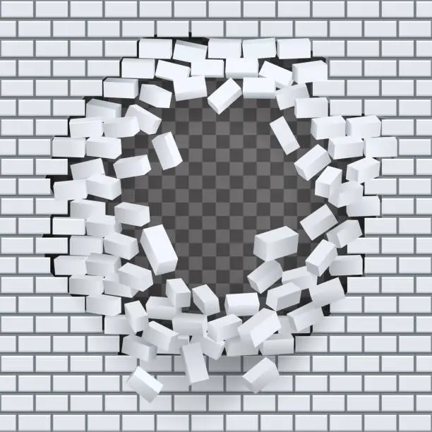 Vector illustration of Break hole in brick wall destruction template transparent background vector illustration