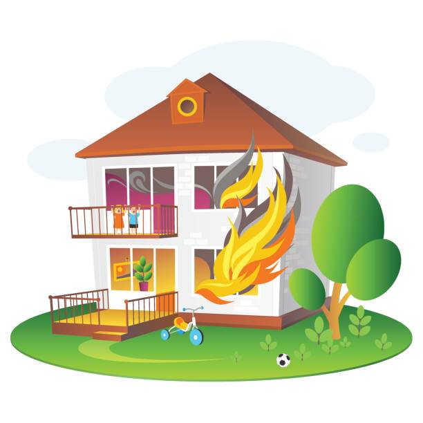 Illustration with burning house for companies insuring the property Colorful illustration for design projects: websites, banners, leaflets, posters and cards. insurer stock illustrations