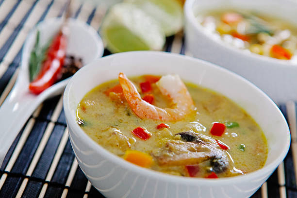 Thai Rice Soup With Shrimp Khao Tom Goong , thai food on table.