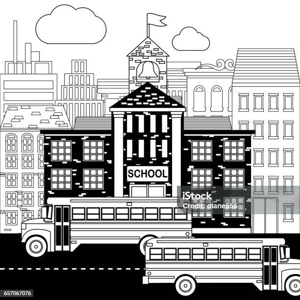 Coloring Book Page School Buses And City Stock Illustration - Download Image Now - Back to School, Black And White, Built Structure