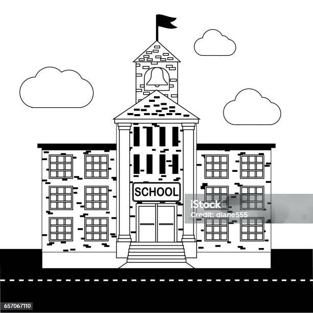 Coloring Book Page School Buses And City Stock Illustration - Download Image Now - Education, Coloring Book Page - Illlustration Technique, School Building