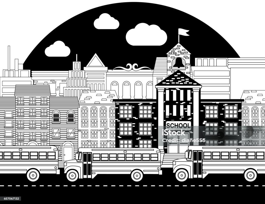 Coloring Book Page - School buses and City Coloring Book Page - School buses and City. There are several buildings with a school bus Back to School stock vector