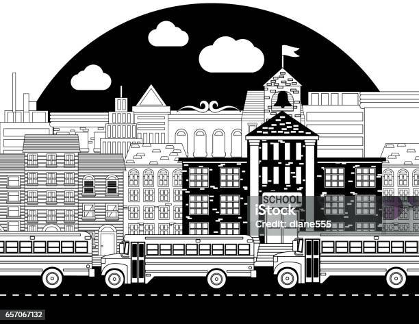 Coloring Book Page School Buses And City Stock Illustration - Download Image Now - Back to School, Black And White, Built Structure