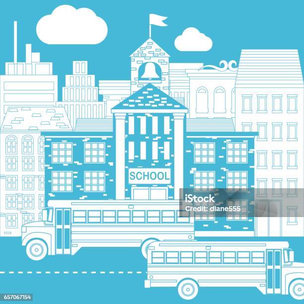 Coloring Book Page School Buses And City Stock Illustration - Download Image Now - Back to School, Blue, Built Structure