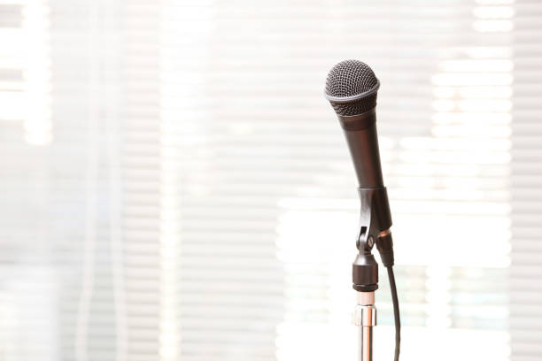 istock Close up old microphone in conference room 657076940