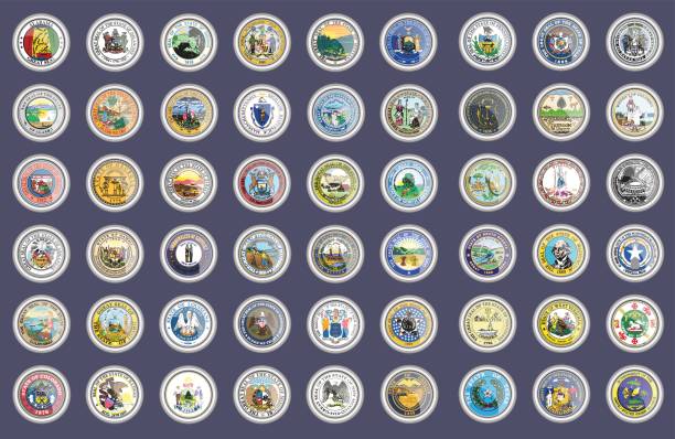 ilustraciones, imágenes clip art, dibujos animados e iconos de stock de conjunto de iconos. sellos de los estados de estados unidos. vector. 3d. - mississippi