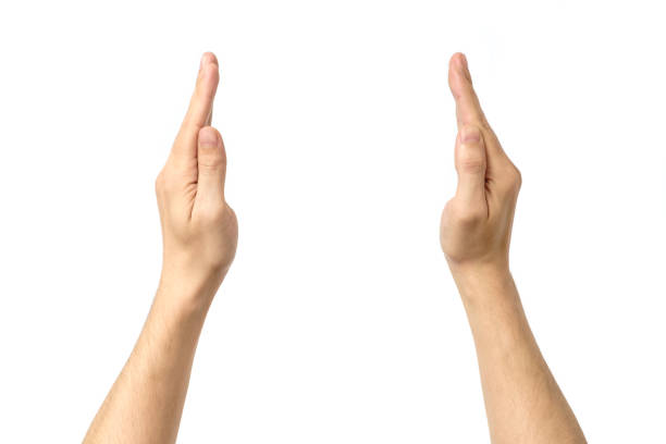 istock Man hand's measuring invisible item. Isolated on white 657083714