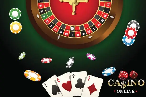 Vector illustration of Vector design casino banner. Includes roulette, dice, casino chips, playing cards for poker