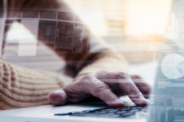istock Double exposure of business people working on a laptop computer while enjoying and network connection technology, film effect. 657094316
