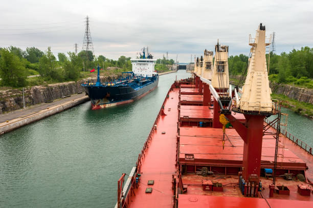 Ship Sailing Detroit Canal in Usa - Passing Lock