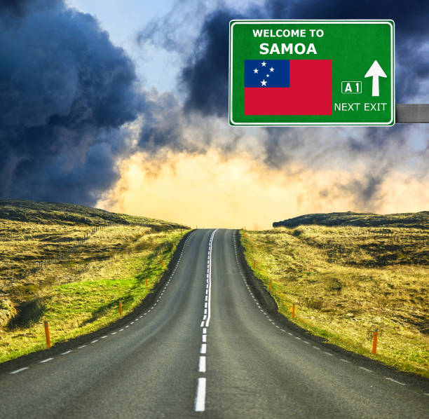 istock Samoa road sign against clear blue sky 657106550