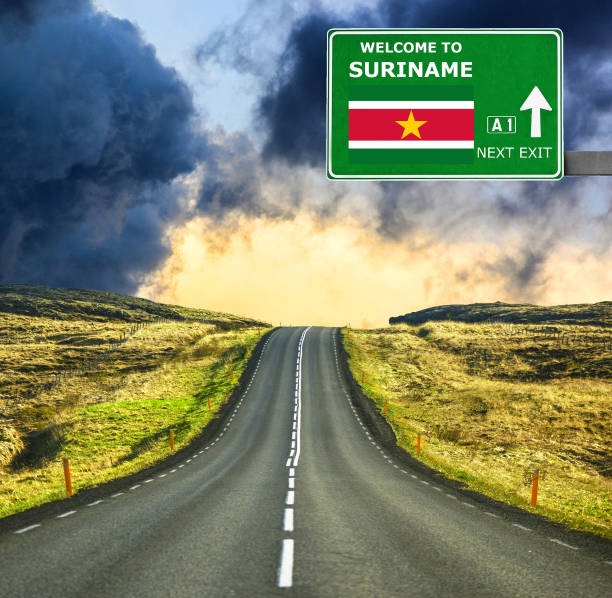 istock Suriname road sign against clear blue sky 657106614