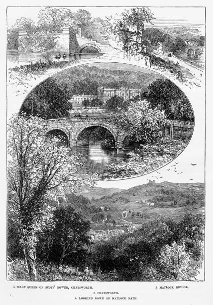Chatsworth House in Derbyshire, England Victorian Engraving, 1840 Very Rare, Beautifully Illustrated Antique Engraving of Chatsworth House in Derbyshire, England Victorian Engraving, 1840. Source: Original edition from my own archives. Copyright has expired on this artwork. Digitally restored. chatsworth house stock illustrations