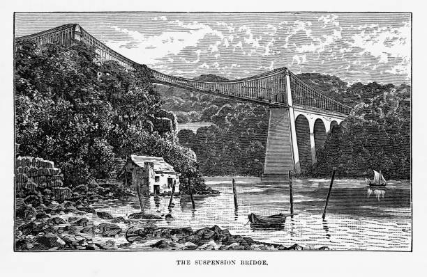 illustrations, cliparts, dessins animés et icônes de pont suspendu de menai à anglesey, au pays de galles gravure victorienne, 1840 - gwynedd