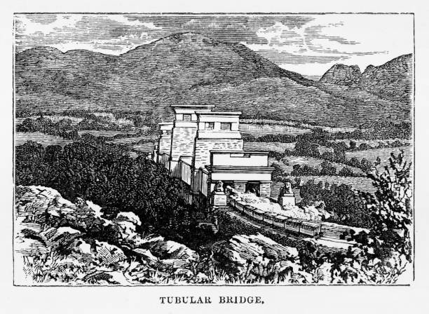 illustrations, cliparts, dessins animés et icônes de pont de britannia à anglesey, au pays de galles gravure victorienne, 1840 - gwynedd