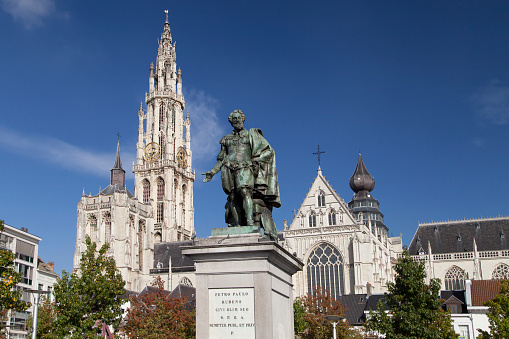 Cathedral and Rubens Monument in Antwerp, Belgium.