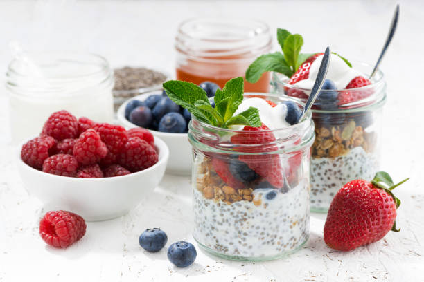 istock Breakfast in a jar with chia, berries and oat flakes 657129322