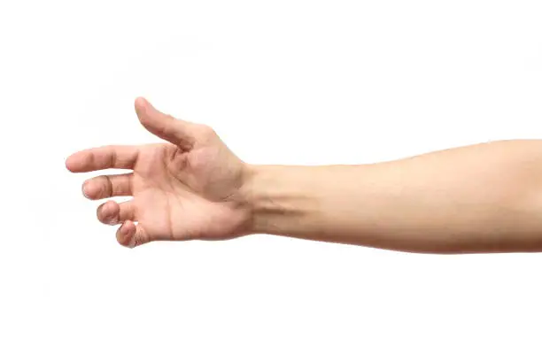 Photo of Man stretching hand to handshake isolated on a white background
