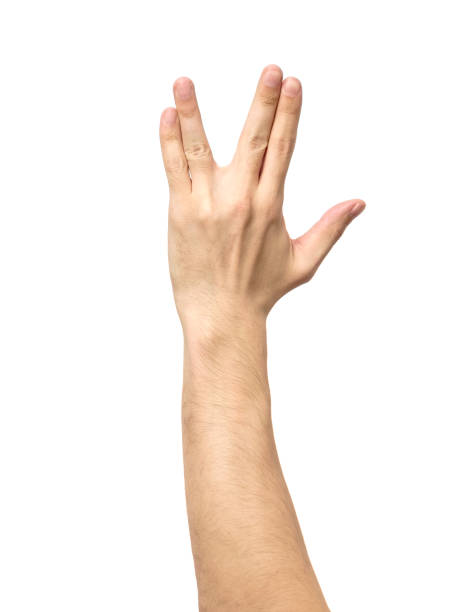 istock Male hand showing Vulcan Salute isolated on white background 657139834