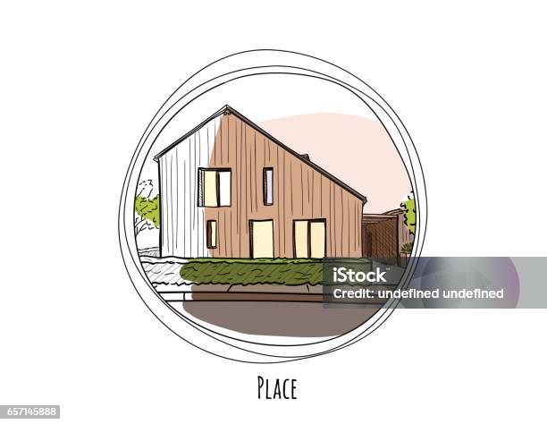 Drawing Of A Modern Building Inside A Circle With Text Stock Illustration - Download Image Now