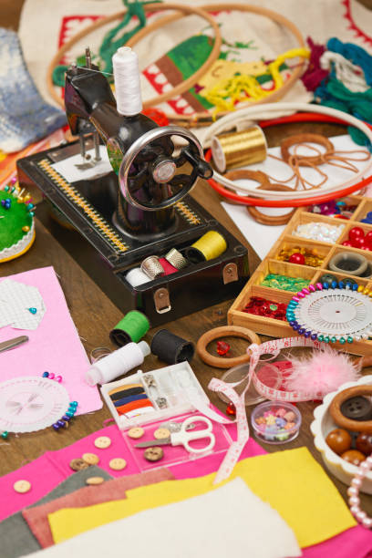 istock sewing accessories top view, seamstress workplace, many object for needlework, embroidery, handmade and handicraft 657147570