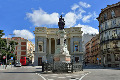 MADRID - MAR 3, 2014: Prado Museum in Madrid features one of the world's finest collections of European Art with over 21,000 pieces. The front of the Prado Museum with monument to Maria Cristina de Borbon