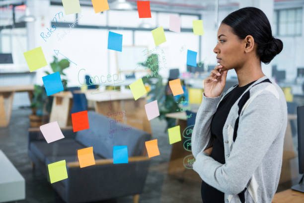 istock Thoughtful businesswoman reading sticky notes on glass 657148072