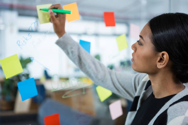 istock Businesswoman writing on sticky notes 657148104
