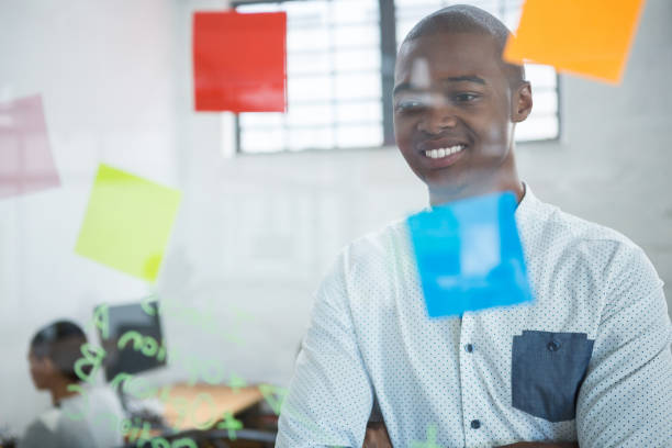 istock Smiling businessman reading sticky notes on glass 657148426