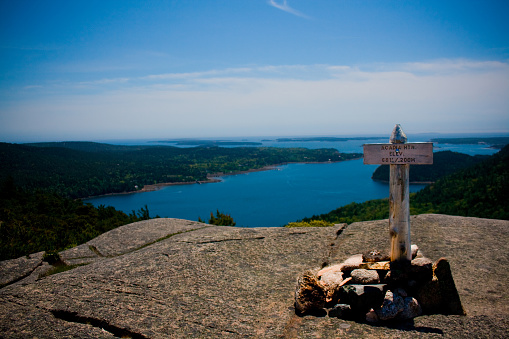 Summit marker for Acadia Mountain in Acadia National Park near Bar Harbor, Maine.