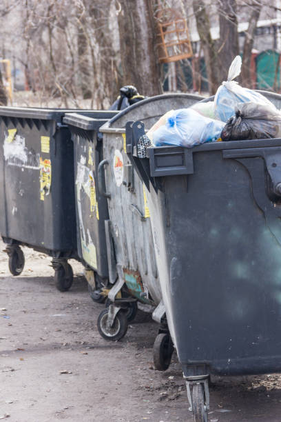 istock Rrey dumpster, recycle, waste and garbage bins near building. Backyard view 657160748