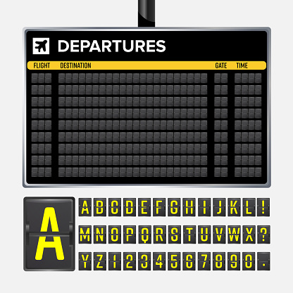 Airport Board Vector. Mechanical flip airport scoreboard. Black airport and railway timetable departure or arrival. Destination airline board abc. Vector airport board